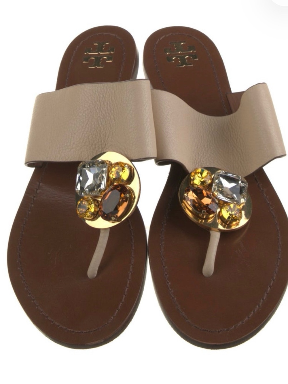 Leather Jeweled Thong Sandals in Beige with Gold Accents